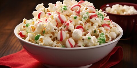 A festive popcorn mix combines sweet and salty flavors, consisting of popped kernels drizzled with melted white chocolate and dusted with crushed candy cane, resulting in a delectable snack