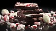 An artful composition that captures the essence of peppermint bark, featuring velvety smooth dark chocolate adorned with delicate white chocolate swirls that gracefully intertwine with the