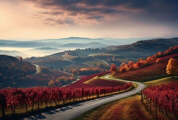 Wall Mural - a vineyard covered in autumn leaves near a hill scenic landscapes majestic mountain vistas high quality photographs capture the essence of nature landscape-oriented landscapes