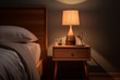 simple yet sophisticated wooden nightstand and lamp, photorealistic compositions, soft and dreamy, contemporary, postmodern, monochromatic depth, romantic interiors