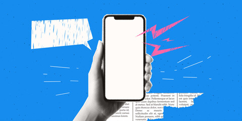 Hand holding a phone. Modern blue background with texture. Trendy retro style. Halftone collage and doodle of lightning. 