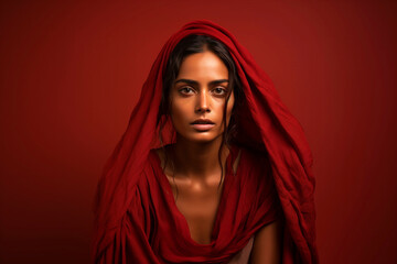 Social issues war suffer issues concept. Young adult Arabic desperate female woman wearing red standing over studio isolated red background. Skeptic female nervous, disapproving expression on face