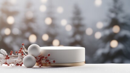 Minimal product display stand with winter nature landscape. Christmas and new year background.