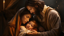 The Holy Family, Jesus, Mary And Joseph. Little Baby Jesus Sleeping With His Loving Parents.