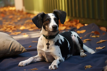 Wall Mural - Jack Russell dog is sitting outside between autumn leaves