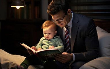 Wall Mural - A businessman reading a bedtime story to a baby