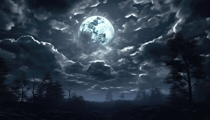 Wall Mural - night , sky clear with some clouds around full moon glowing