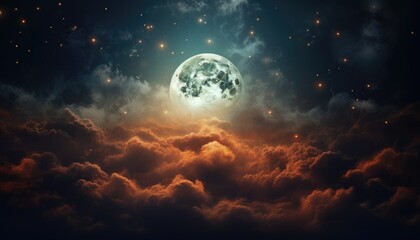 Wall Mural - night , sky clear with some clouds around full moon glowing