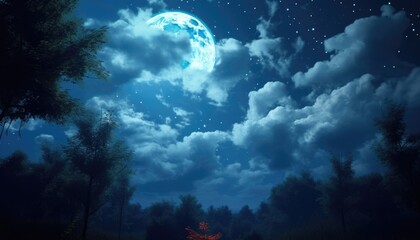 Wall Mural - night , sky clear with some clouds around full moon glowing