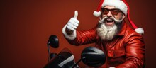 Santa A Bearded Hipster Rides A Motorbike And Waves To Congratulate You In An Isolated Bright Red Background