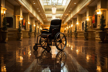 People with mobility impairment concept. Wheelchair standing in lobby hall. Using chair for disabled person during travel, receiving help and assistance in wheelchair-friendly and accessible hotel