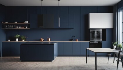 Kitchen featuring a minimalist interior design and a mockup dark blue wall