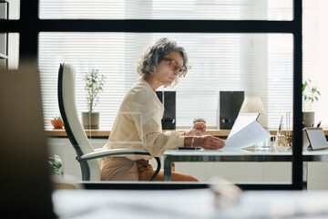 Poster - Serious mature female boss looking through financial document in her hand while sitting by desk in front of laptop and analyzing data
