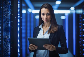 Wall Mural - Young woman checks server operation and automation in a data storage room with her tablet