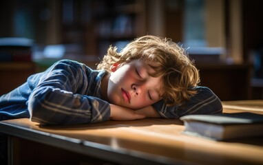 A kid is sleeping on the desk in a college classroom