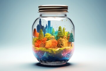 Fantastic illustration of small fairy-tale world of town with trees, lake, rainbow inside glass jar. Mystical beautiful town isolated in jar. Colorful fantasy art. For postcard, book, scrapbooking.