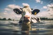 A cow stands in the water, tilting its head and face to the side. Generative AI