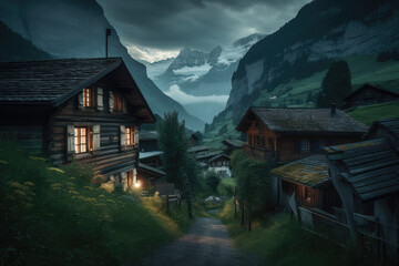 Poster - Some wooden houses in the middle of a big mountain