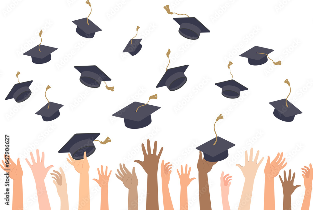 Multiracial people's hands throwing graduation hats in the air ...