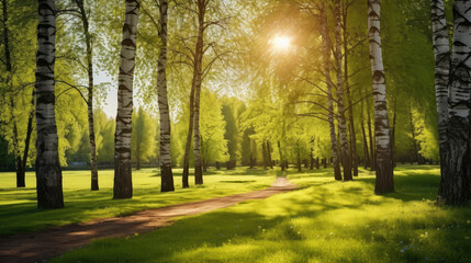 Poster - Broad sunbeams streaming through the cypress trees on the lawn