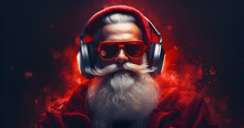 Santa Claus DJ, Musical Headphones, Musical Clause, Santa Portrait, Sterile Santa Claus Looks Into The Camera, Listens To Music In Headphones And Glasses