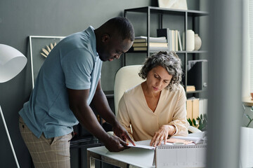 Poster - Young confident African American male employee pointing at financial document while explaining its main points to mature female boss