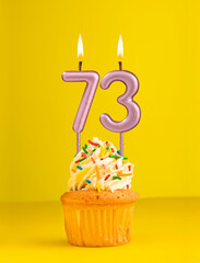 Number 73 candle - Birthday card design in yellow background