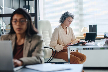 Wall Mural - Serious mature female director of company reading business document and checking its points while sitting by desks in front of subordinate