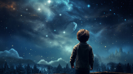 Wall Mural - little boy under the starry sky