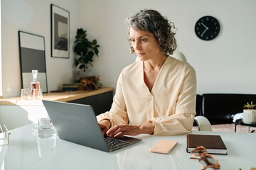 Poster - Serious mature female director of company looking at laptop screen and typing on keyboard while sitting by workplace and analyzing data