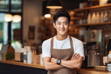 Young Asian male coffee shop owner standing behind counter, young handsome male making and selling coffee in coffee shop