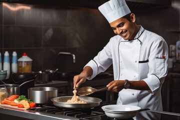 Handsome young indian male personal chef focusing on his job, wearing a cooking uniform, successful business man at work in the kitchen