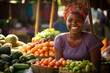 Happy Vegetable Trader: In the market, an elated African woman sells an assortment of vegetables, her delight contagious to everyone around her