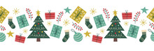 Seamless Christmas Border. Holiday Vector Illustration. Christmas Tree, Socks, Christmas Balls And Gifts. Bright Elements For Design.