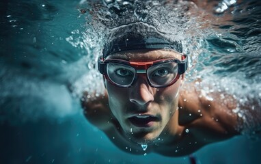 Poster - A professional athlete in swimming goggles and cap is swimming underwater in the pool