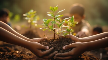 Poster - Children planting trees, celebrating nature's beauty. Reforestation hope for cleaner future. Earth's health responsibility.