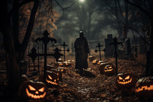 Halloween Graveyard At Night With Pumpkins With Glowing Eyes, Graves And Tombstones