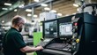 © Phoophinyo - An Selective focus on CNC machine: Industrial worker inspects work in an industrial factory, controlling a CNC machine with a laptop.