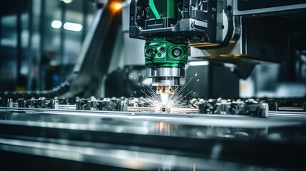 Wall Mural - An Selective focus on CNC machine: Industrial worker inspects work in an industrial factory, controlling a CNC machine with a laptop.