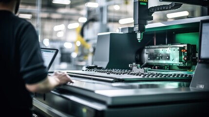 Wall Mural - An Selective focus on CNC machine: Industrial worker inspects work in an industrial factory, controlling a CNC machine with a laptop.