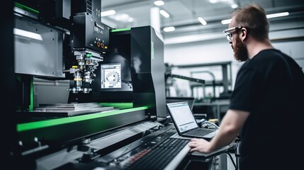 Wall Mural - An Selective focus on CNC machine: Industrial worker inspects work in an industrial factory, controlling a CNC machine with a laptop.