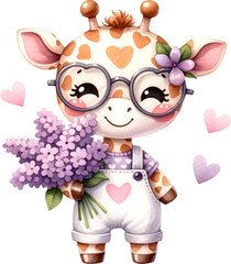 Poster - Cute giraffe character holding bouquet of lilac created with Generative AI technology