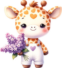 Poster - Cute giraffe character holding bouquet of lilac created with Generative AI technology