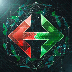 Abstract digital two left-right arrows with green and red color shapes in futuristic low poly style with doodle elements on a technology dark background. Data receive concept