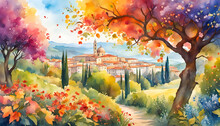 Watercolor Illustration Of A Landscape With Flowers, Branches, Trees, River And Birds Against The Sky
