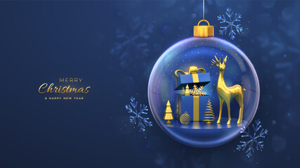 Wall Mural - Christmas greeting card. Gold deer, gift box, golden showflake and shining ball, metallic spruce trees in a glass ball. New Year Xmas background, Holiday poster, banner, flyer. 3D Vector illustration.