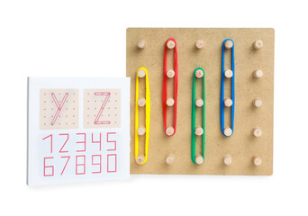 Sticker - Wooden geoboard with colorful rubber bands and instruction isolated on white. Educational toy for motor skills development