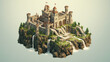 Isometric Illustration of a Majestic Castle Perched on a Rocky Cliff
