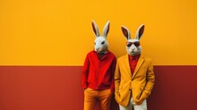 Two Cool Rabbits Are Standing Next To Each Other. Ren And Yellow Background. Generative AI.