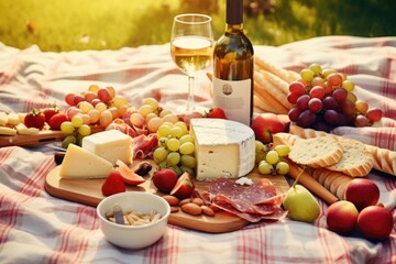 Sticker - A picnic blanket with a bottle of wine, cheese, fruit, and bread. Generative AI.